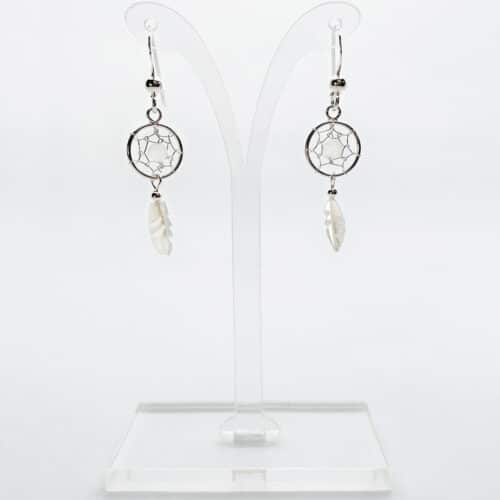 Dainty Silver Dreamcatcher Earrings with Mother of Pearl Accents