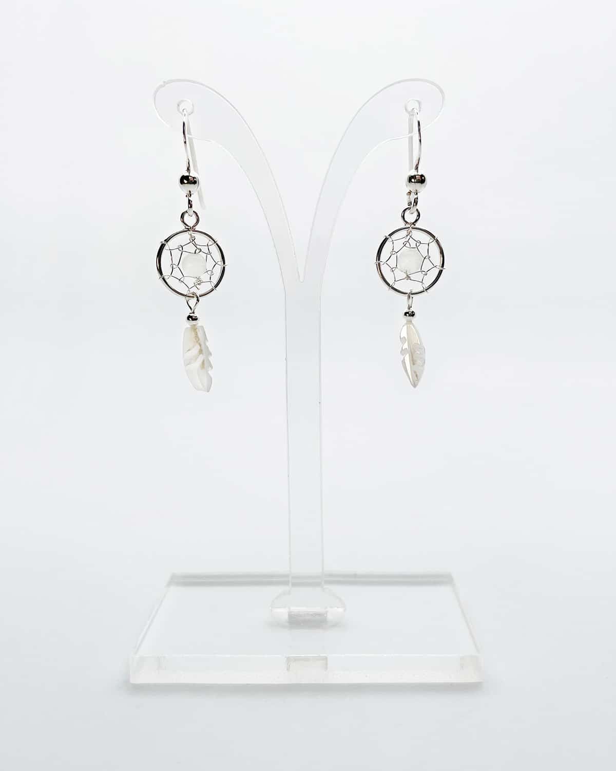 Dainty Silver Dreamcatcher Earrings with Mother of Pearl Accents