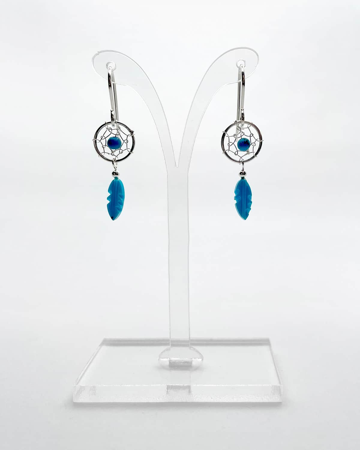 Dainty Silver Dreamcatcher Earrings with Turquoise Accents