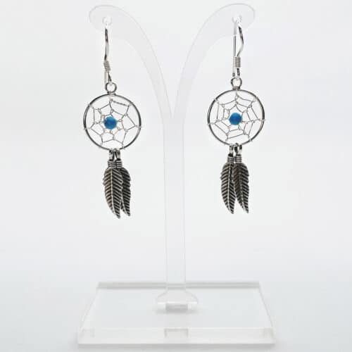 Double Feather Silver Dreamcatcher Drop Earrings