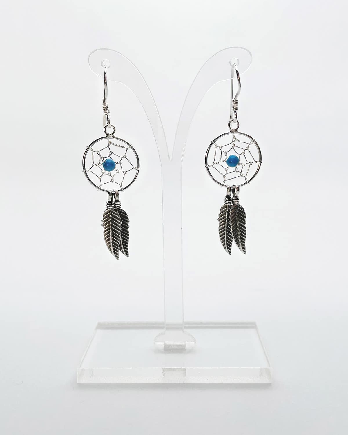 Double Feather Silver Dreamcatcher Drop Earrings