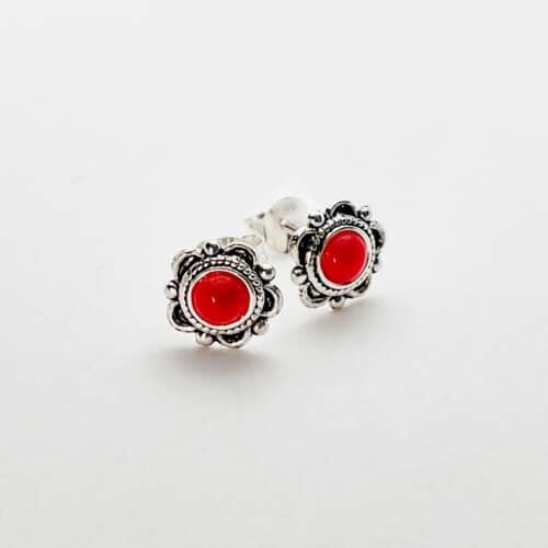 Round Coral Stud Earring with Silver Embellishments