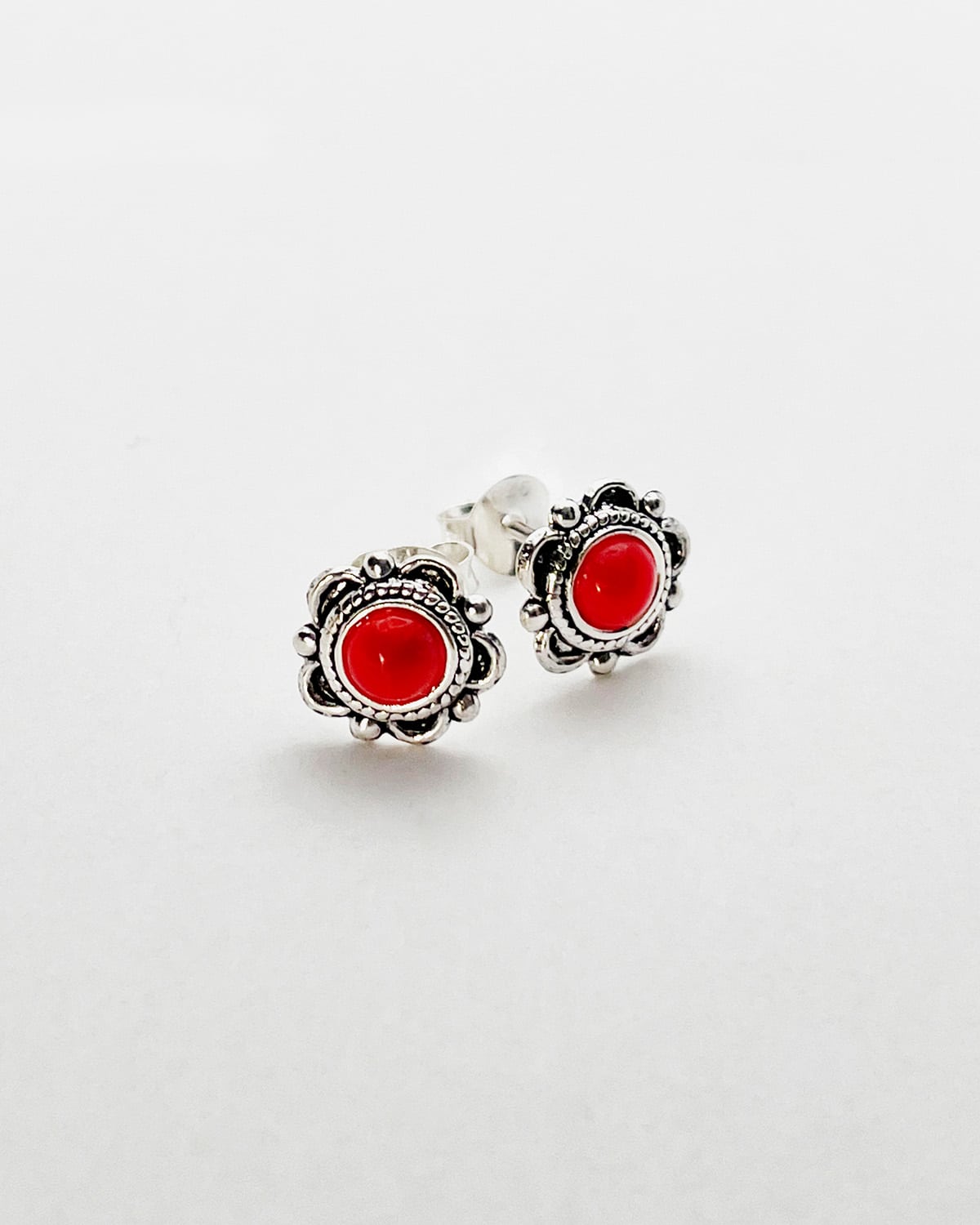 Round Coral Stud Earring with Silver Embellishments