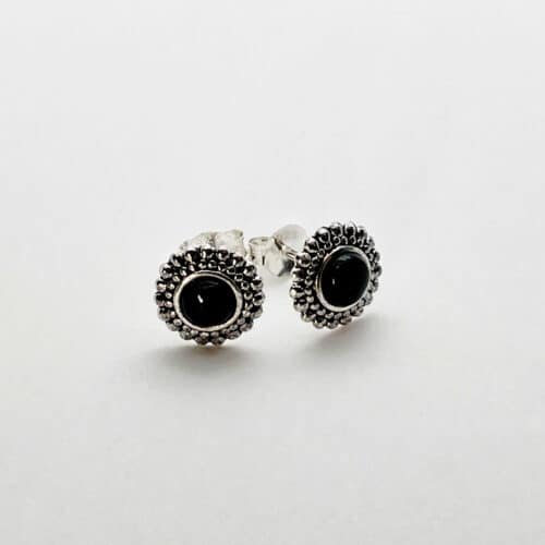 Round Onyx Stud Earring with Silver Embellishments