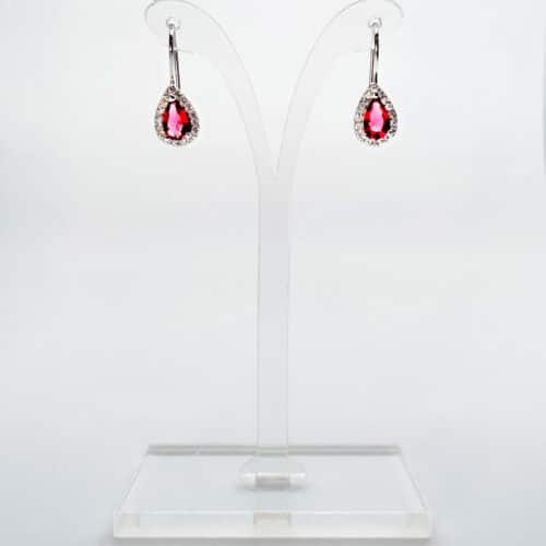 Ruby Cubic Zirconium Drop Earrings with Melee Crystal Border