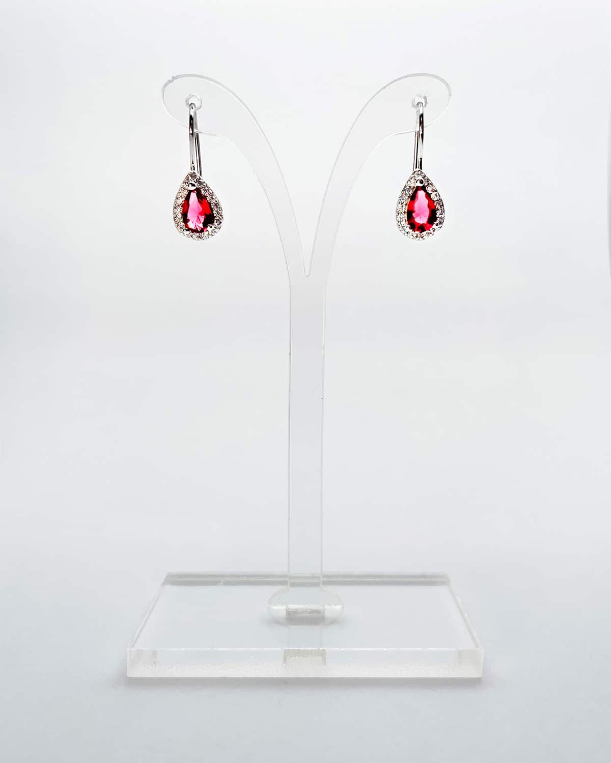 Ruby Cubic Zirconium Drop Earrings with Melee Crystal Border