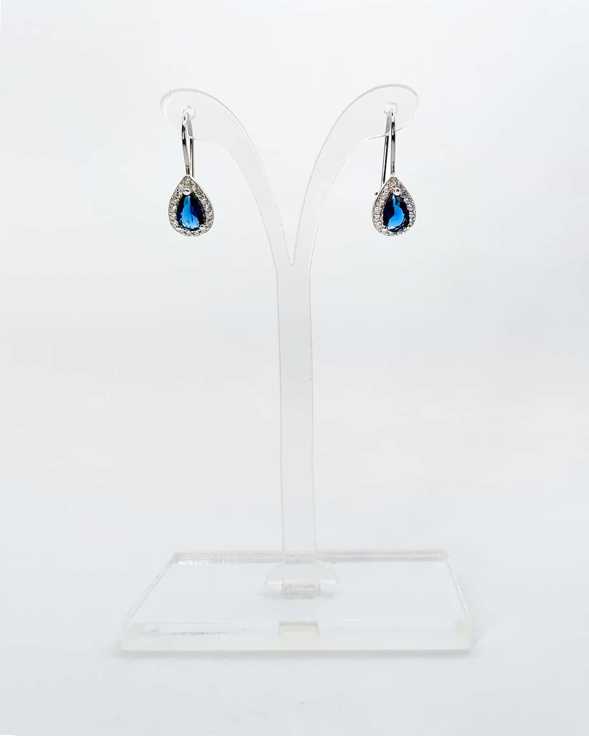 Sapphire Cubic Zirconium Drop Earrings with Melee Crystal Border